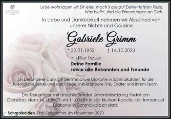 Traueranzeige von Gabriele Grimm von Südthüringer Presse