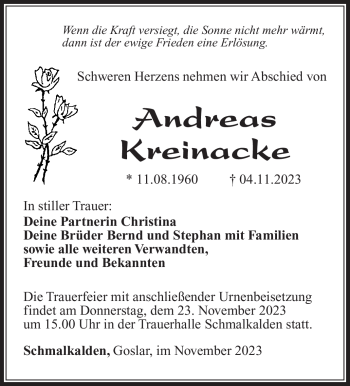 Traueranzeige von Andreas Kreinacke von Südthüringer Presse