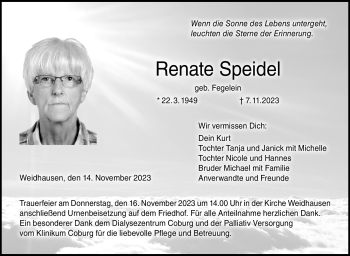 Traueranzeige von Renate Speidel von Neue Presse Coburg