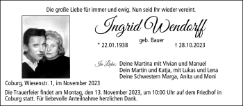 Traueranzeige von Ingrid Wendorff von Neue Presse Coburg