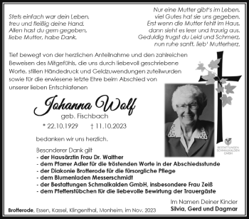 Traueranzeige von Johanna Wolf von Südthüringer Presse