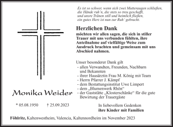 Traueranzeige von Monika Weider von Südthüringer Presse
