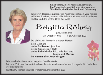 Traueranzeige von Brigitta Röhrig von Südthüringer Presse