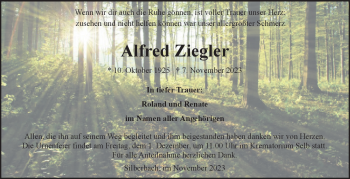 Traueranzeige von Alfred Ziegler von Frankenpost