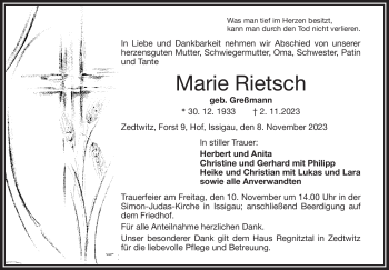 Traueranzeige von Marie Rietsch von Frankenpost