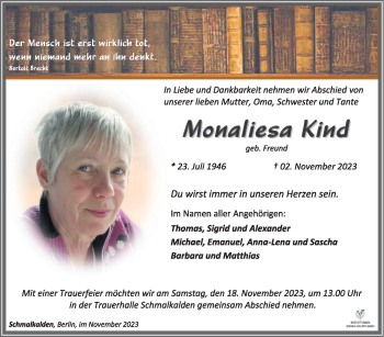 Traueranzeige von Monaliesa Kind von Südthüringer Presse
