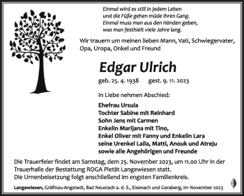 Traueranzeige von Edgar Ulrich von Südthüringer Presse