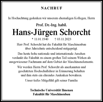 Traueranzeige von Hans-Jürgen Schorcht von Südthüringer Presse