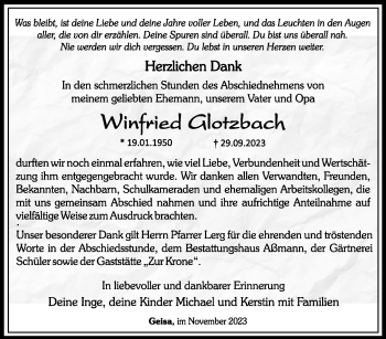 Traueranzeige von Winfried Glotzbach von Südthüringer Presse