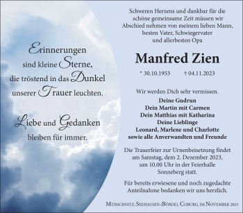 Traueranzeige von Manfred Zien von Südthüringer Presse