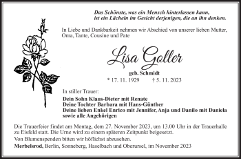 Traueranzeige von Lisa Goller von Südthüringer Presse