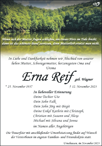 Traueranzeige von Erna Reif von Südthüringer Presse