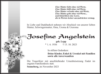 Traueranzeige von Josefine Angelstein von Südthüringer Presse