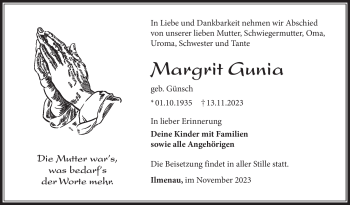 Traueranzeige von Margrit Gunia von Südthüringer Presse