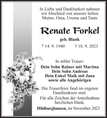 Traueranzeige von Renate Forkel von Südthüringer Presse