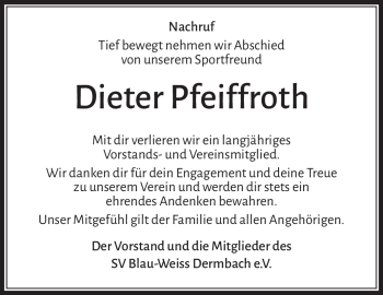 Traueranzeige von Dieter Pfeiffroth von Südthüringer Presse
