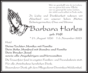 Traueranzeige von Barbara Harles von Frankenpost