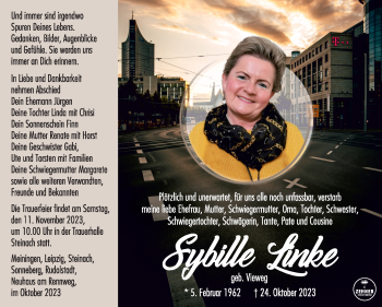 Traueranzeige von Sybille Linke von Südthüringer Presse