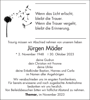 Traueranzeige von Jürgen Mäder von Südthüringer Presse