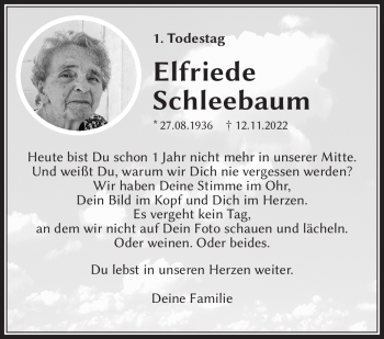 Traueranzeige von Elfriede Schleebaum von Südthüringer Presse