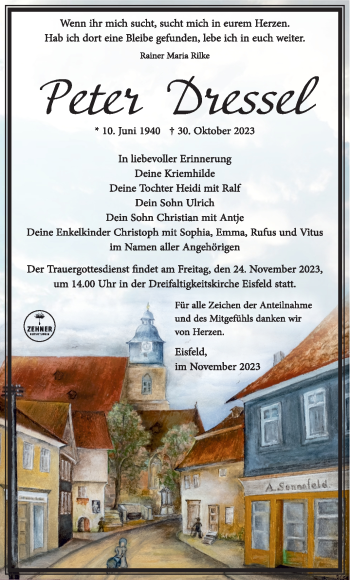 Traueranzeige von Peter Dressel von Südthüringer Presse