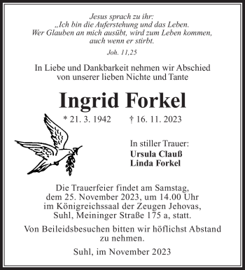 Traueranzeige von Ingrid Forkel von Südthüringer Presse