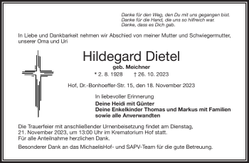 Traueranzeige von Hoildegard Dietel von Frankenpost
