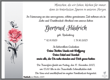 Traueranzeige von Gertrud Hädrich von Südthüringer Presse