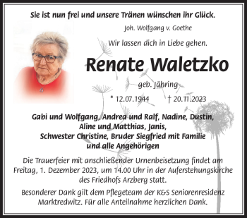 Traueranzeige von Renate Waletzko von Frankenpost