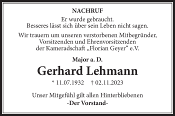 Traueranzeige von Gerhard Lehmann von Südthüringer Presse