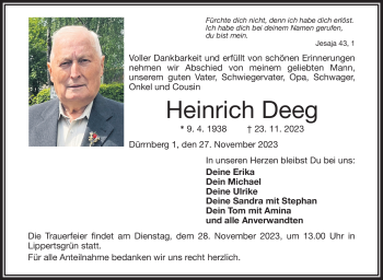 Traueranzeige von Heinrich Deeg von Frankenpost