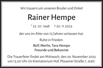 Traueranzeige von Rainer Hempe von Frankenpost