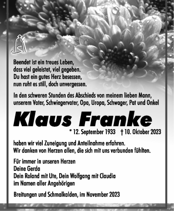 Traueranzeige von Klaus Franke von Südthüringer Presse