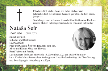 Traueranzeige von Natasa Sefr von Frankenpost