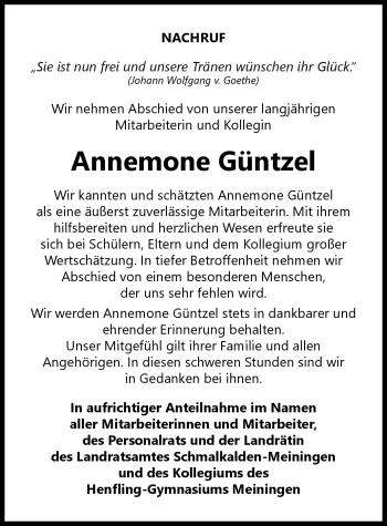 Traueranzeige von Annemone Güntzel von Südthüringer Presse