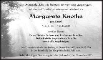 Traueranzeige von Margarethe Knothe von Südthüringer Presse