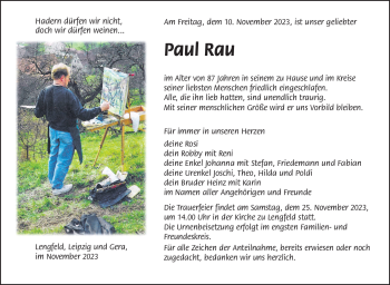 Traueranzeige von Paul Rau von Südthüringer Presse