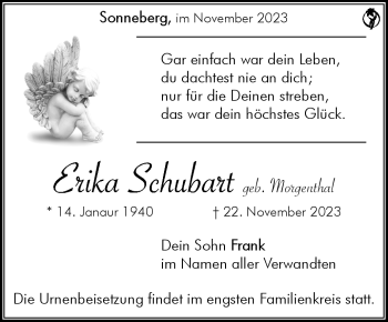 Traueranzeige von Erika Schubart von Südthüringer Presse