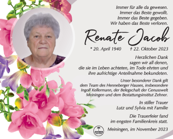 Traueranzeige von Renate Jacob von Südthüringer Presse