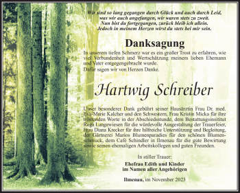 Traueranzeige von Hartwig Schreiber von Südthüringer Presse