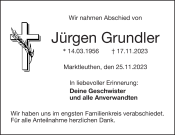 Traueranzeige von Jürgen Grundler von Frankenpost