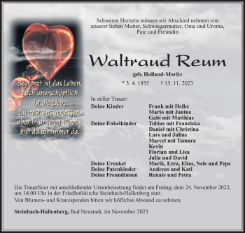 Traueranzeige von Waltraud Reum von Südthüringer Presse