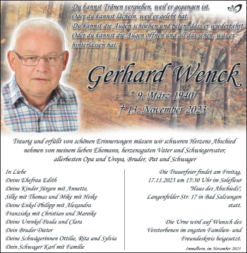 Traueranzeige von Gerhard Wenck von Südthüringer Presse