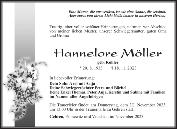 Traueranzeige von Hannelore Möller von Südthüringer Presse