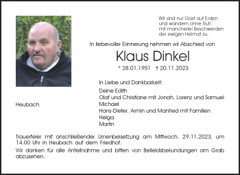Traueranzeige von Klaus Dinkel von Neue Presse Coburg