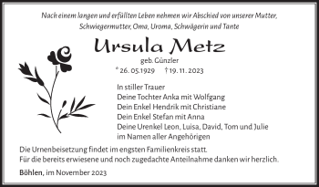 Traueranzeige von Ursula Metz von Südthüringer Presse