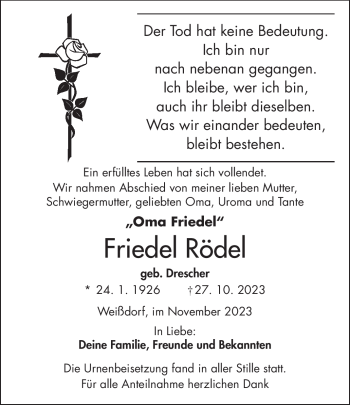 Traueranzeige von Friedel Rödel von Frankenpost