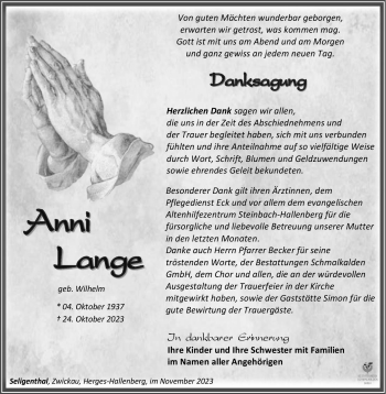Traueranzeige von Anni Lange von Südthüringer Presse