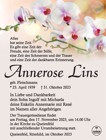 Traueranzeige von Annerose Lins von Südthüringer Presse