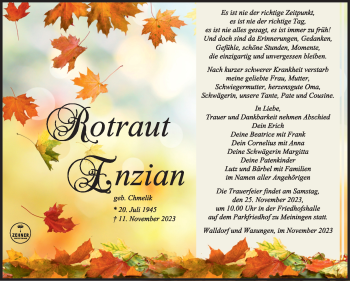Traueranzeige von Rotraut Enzian von Südthüringer Presse